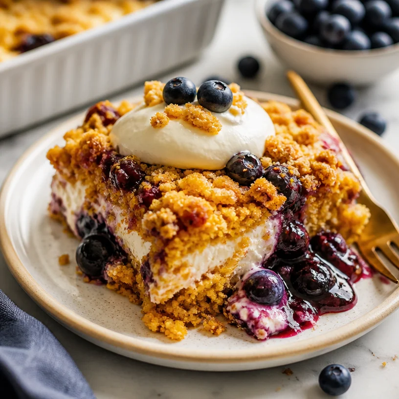One-pan Fall pumpkin blueberry cheesecake dump cake with fresh blueberries