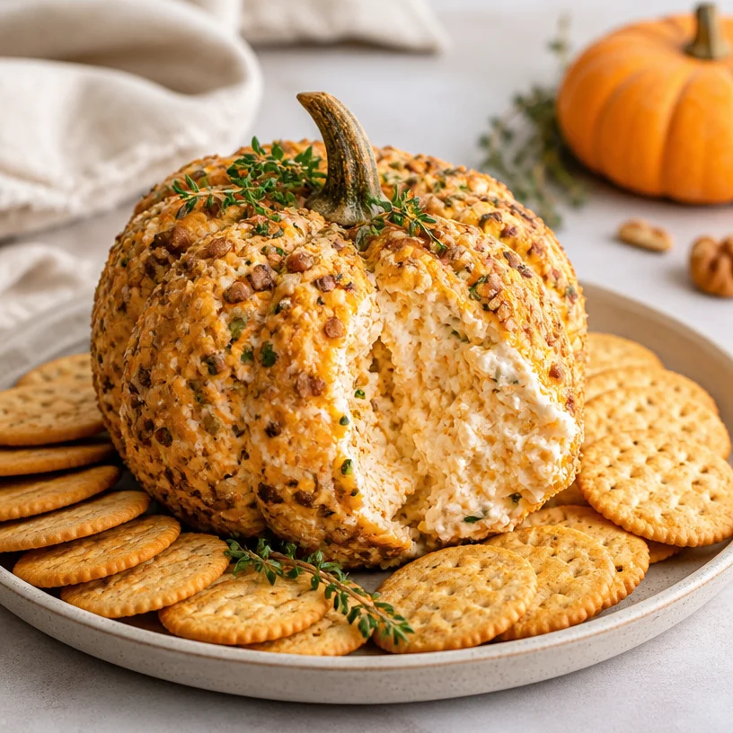 Fall Pumpkin Cheese Ball appetizer garnished for a festive presentation