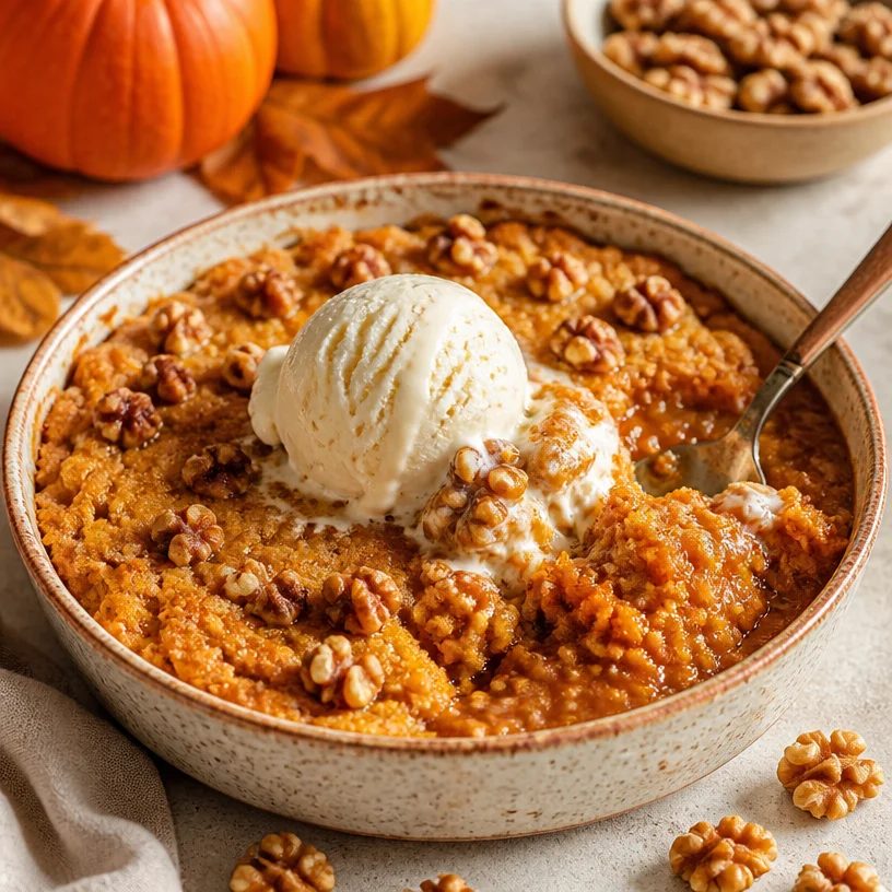 Delicious Fall Pumpkin Honey Walnut Dump Cake served in a rustic pan