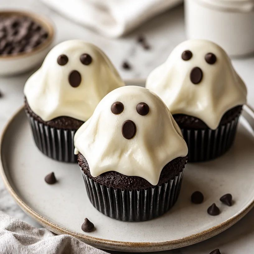 Delicious ghost cupcakes decorated for Halloween festivities.