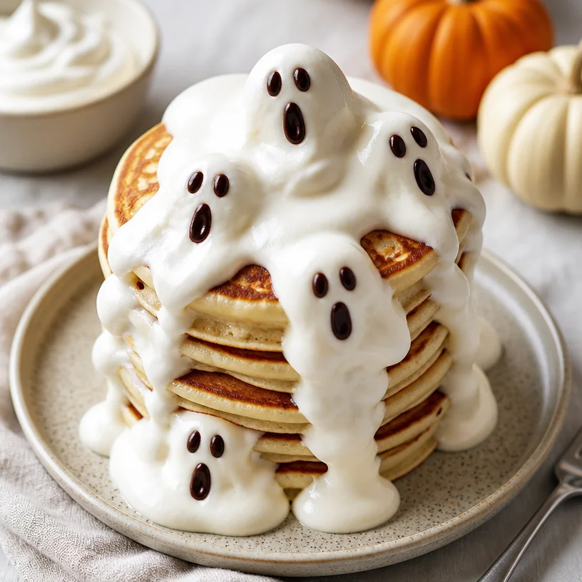 Stack of ghost pancakes decorated for Halloween.