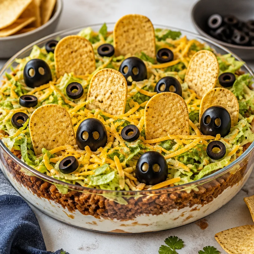 Spooky Graveyard Taco Dip served in a Halloween-themed dish