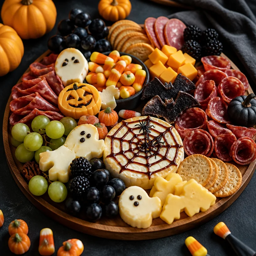 Spooky Halloween charcuterie board with themed snacks and decorations