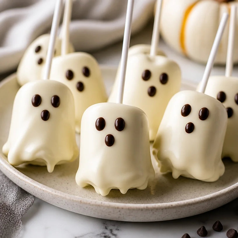 Halloween ghost marshmallow pops on a table, decorated for a festive treat