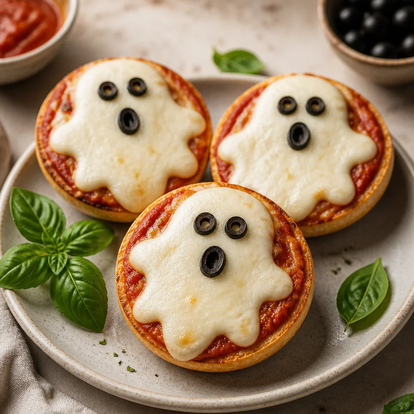 Halloween ghost pizza bagels ready to serve for a spooky snack.