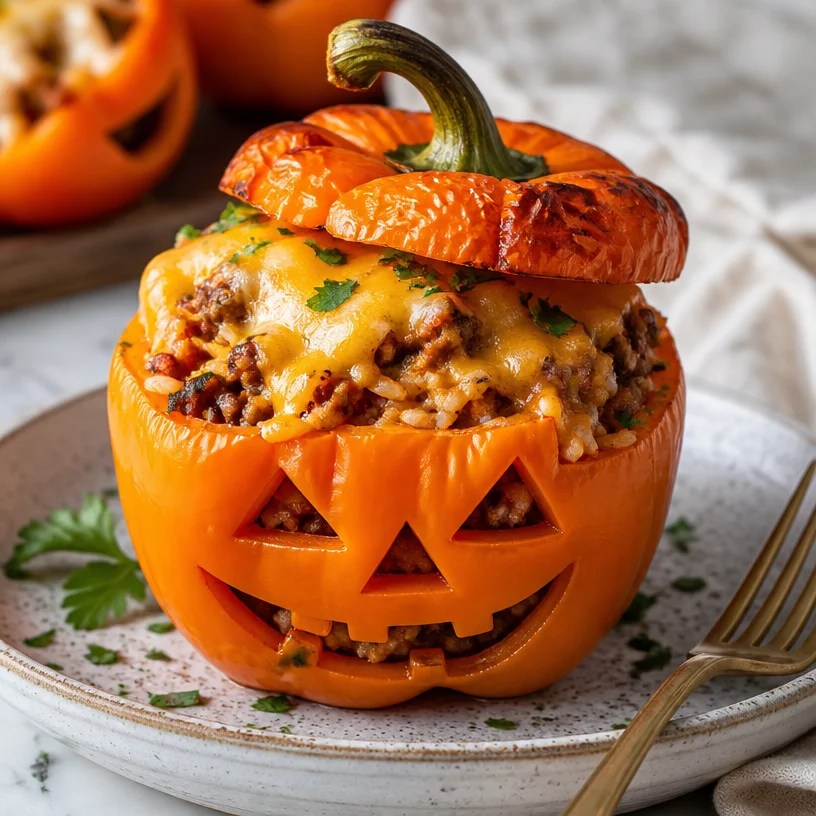 Halloween Jack-O'-Lantern stuffed peppers on a dinner table