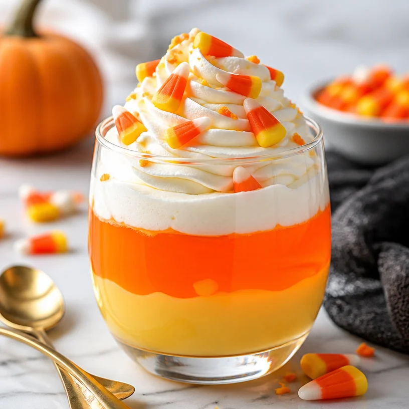 No-bake candy corn parfaits layered with cream and candy corn for Halloween