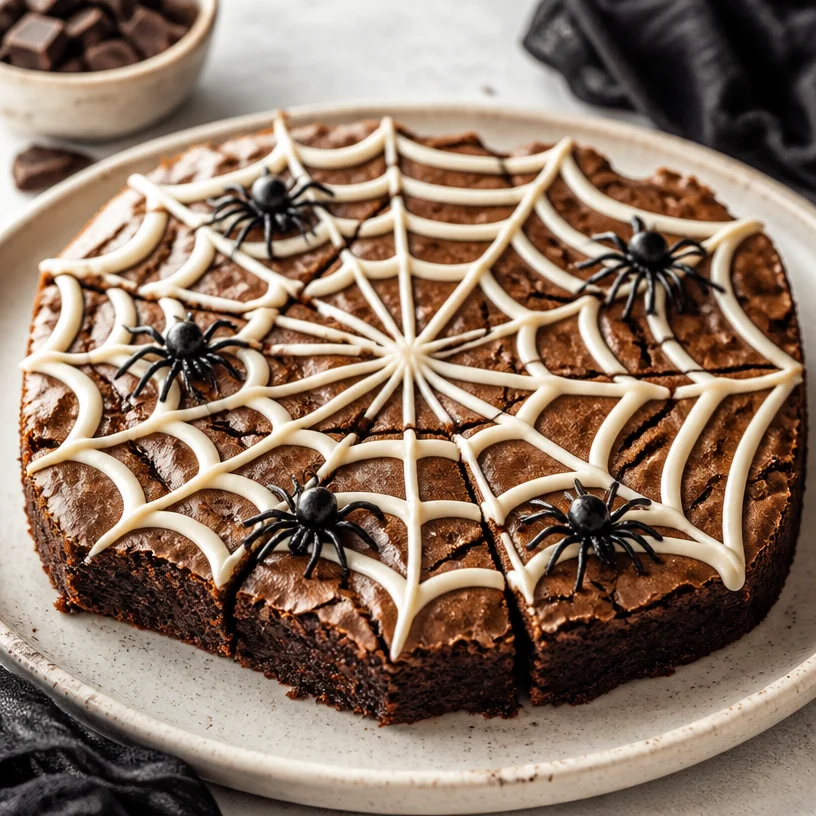 Delicious Halloween spider web brownies decorated with white icing