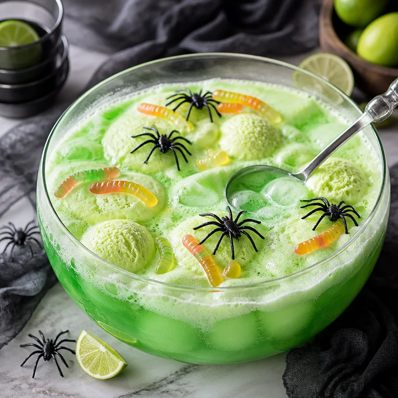 Halloween Witch's Brew Punch in a cauldron with spooky decorations.