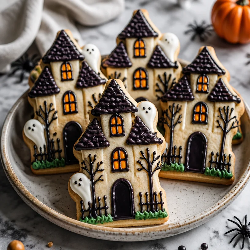 Decorated haunted house cookies for Halloween celebration