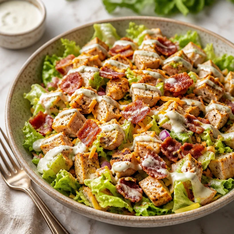 Meal-prep chicken bacon ranch salad with high protein ingredients in a bowl.