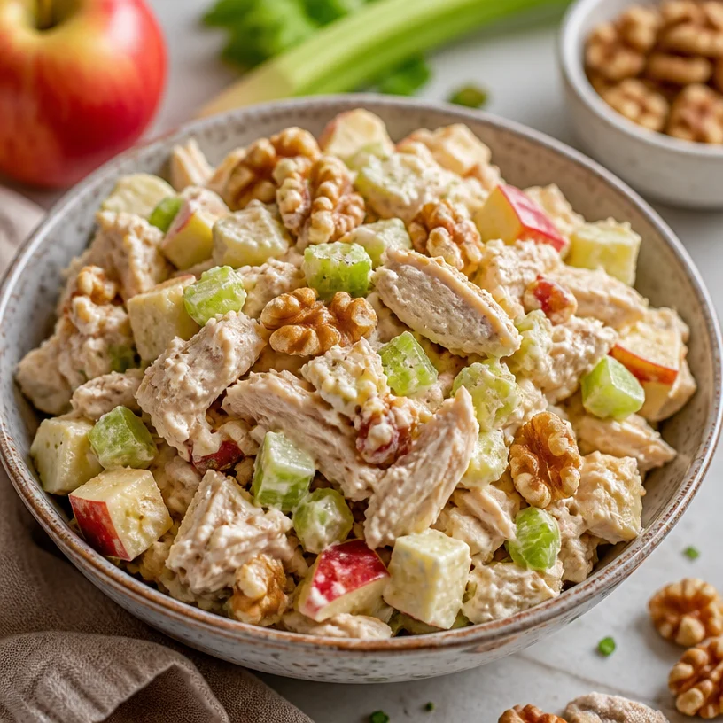 Healthy apple walnut chicken salad in a bowl ready for meal prep