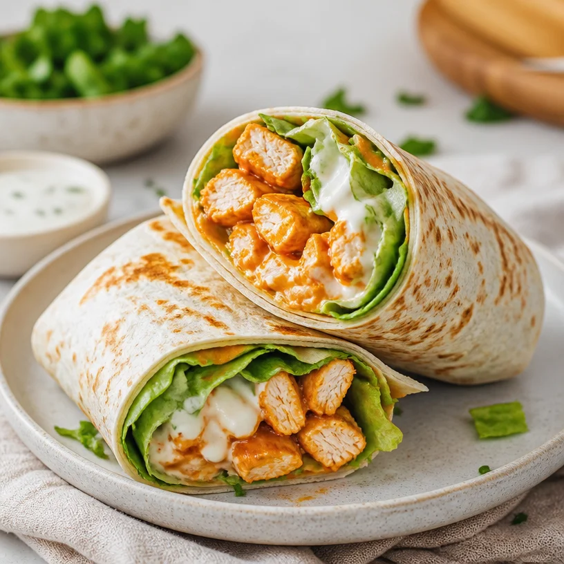 Quick and easy Minute Buffalo Chicken Wraps served on a plate.