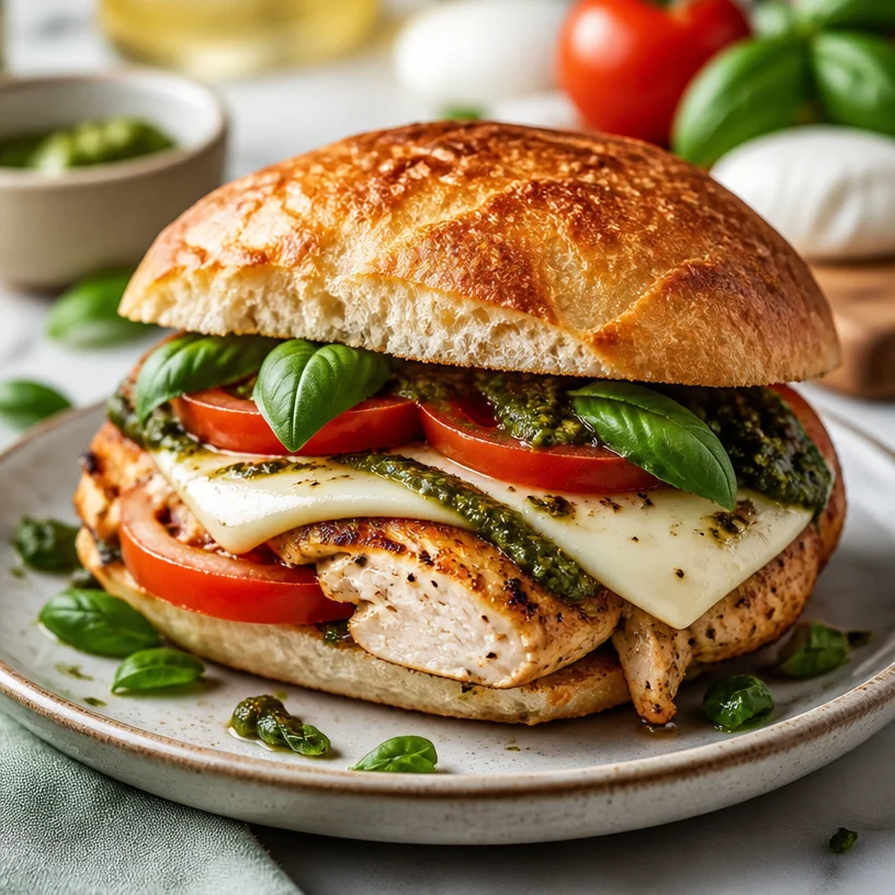 Delicious Minute Caprese Chicken Sandwich with fresh basil and mozzarella
