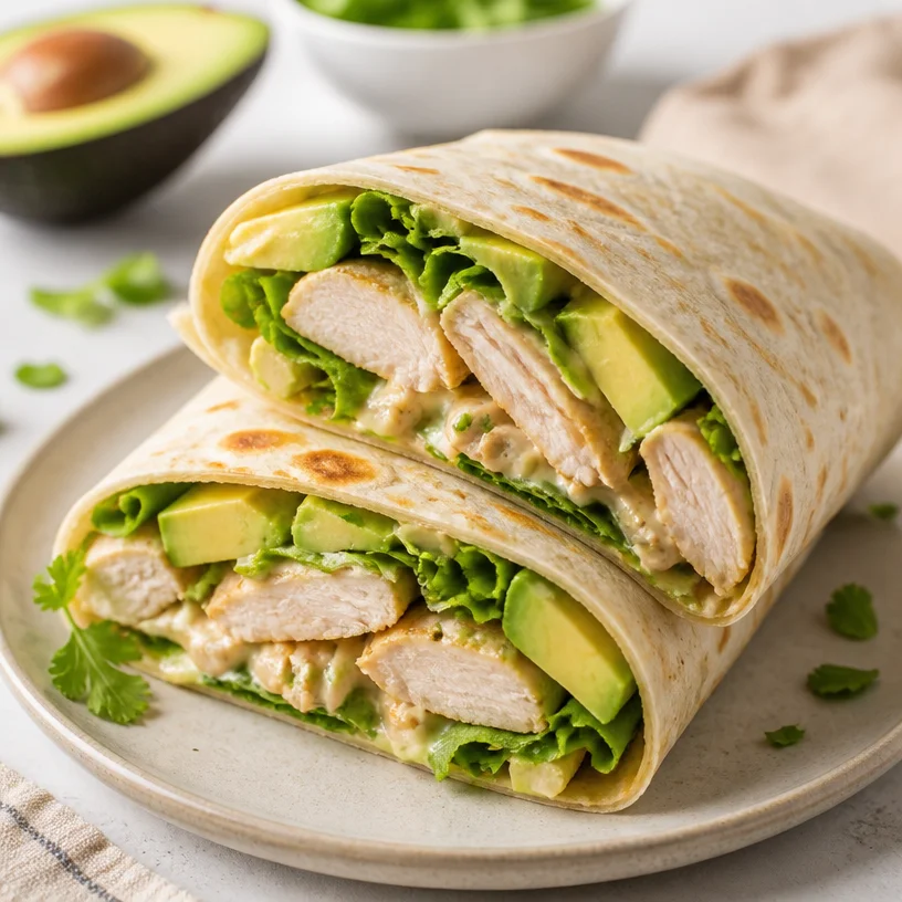 Delicious chicken avocado wrap filled with fresh ingredients for a quick meal.