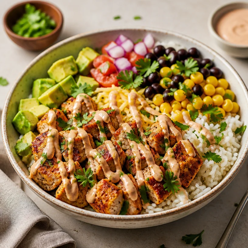 High-protein Minute Chicken Burrito Bowl in a meal-prep container