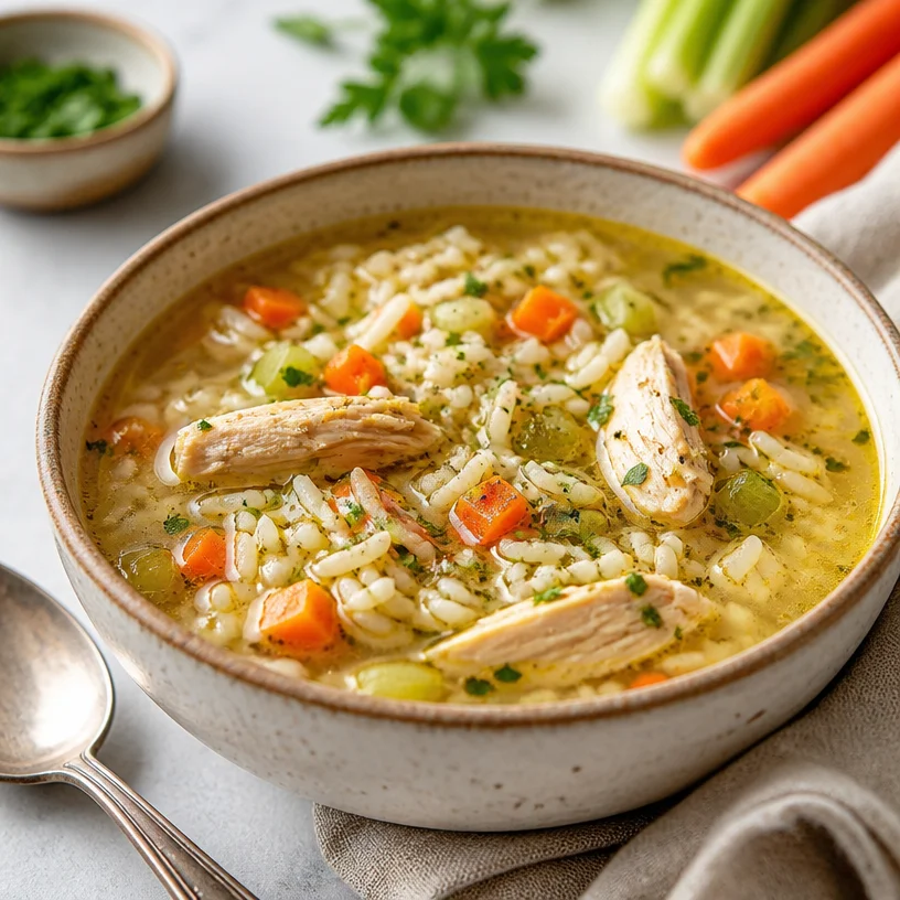 Bowl of Minute Chicken Rice Soup with fresh vegetables and herbs
