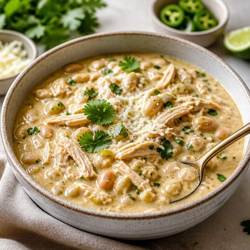 Bowl of creamy white chicken chili perfect for quick weeknight meals