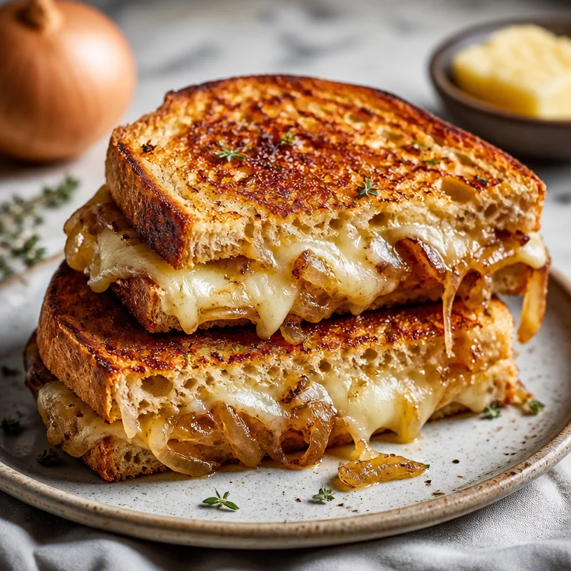 Melted French onion grilled cheese sandwich on a plate with side salad