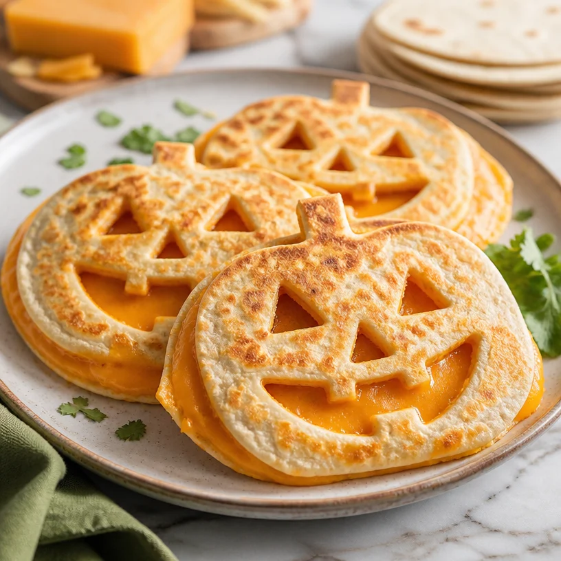 Halloween-themed Jack-o'-Lantern Quesadillas for kids