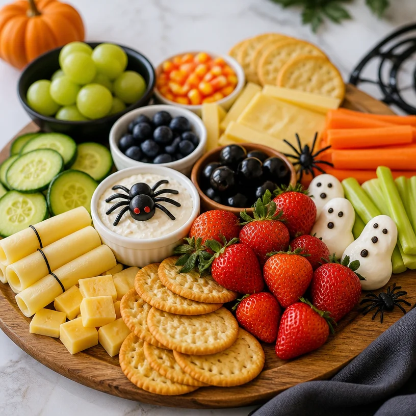 Halloween snack board featuring festive treats for stress-free party planning