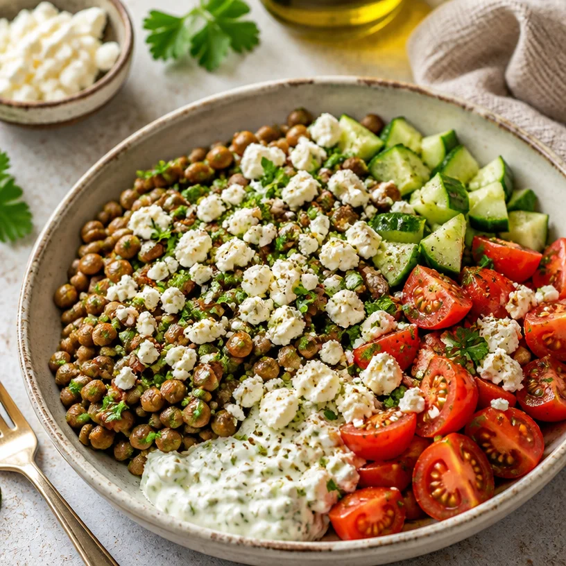 Healthy Minute Mediterranean Lentil Bowl with fresh vegetables and spices