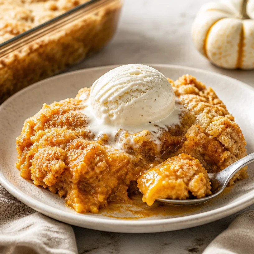 Delicious pumpkin dump cake topped with vanilla bean and whipped cream