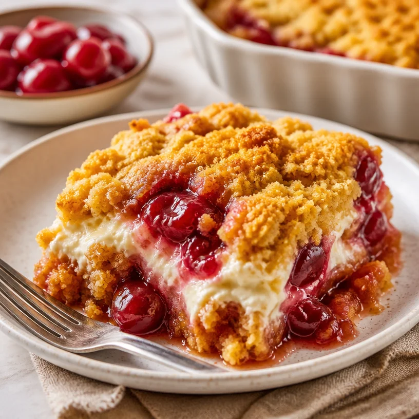 Minute One-Pan Pumpkin Cherry Cheesecake Dump Cake dessert in a baking dish.
