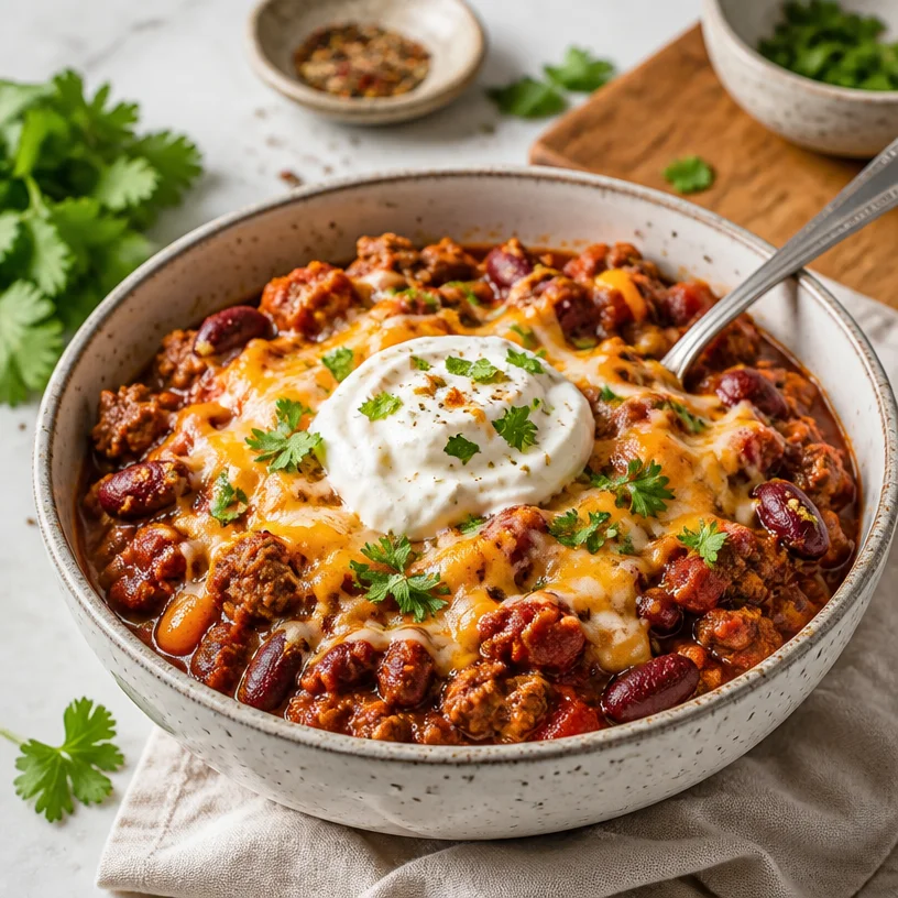 One-pan turkey chili bowl served in a vibrant dish, ideal for weeknight meals.
