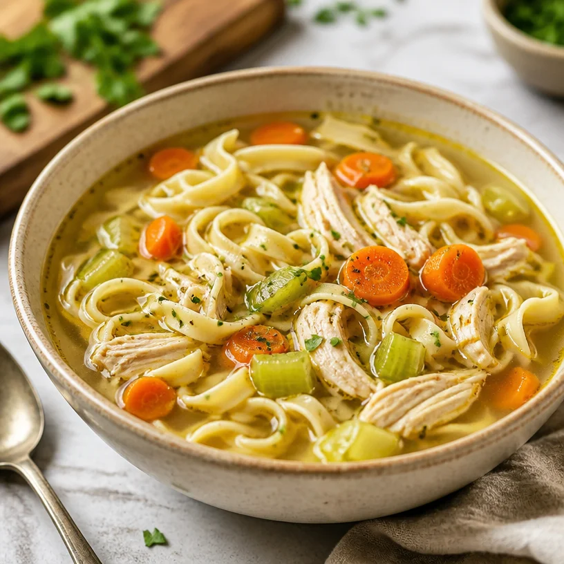 A comforting bowl of minute one-pot chicken noodle soup, perfect for busy weeknights.