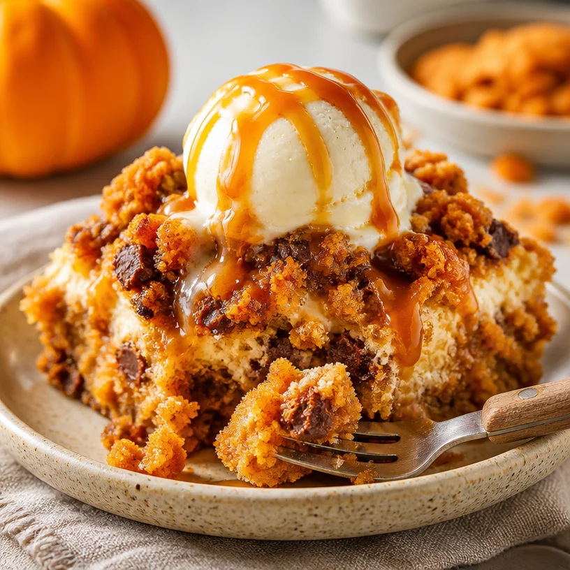 Delicious Minute Pumpkin Butterfinger Dump Cake served in a one-pan dish