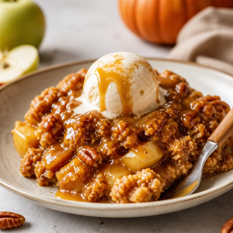 One-Pan Pumpkin Caramel Apple Dump Cake topped with caramel