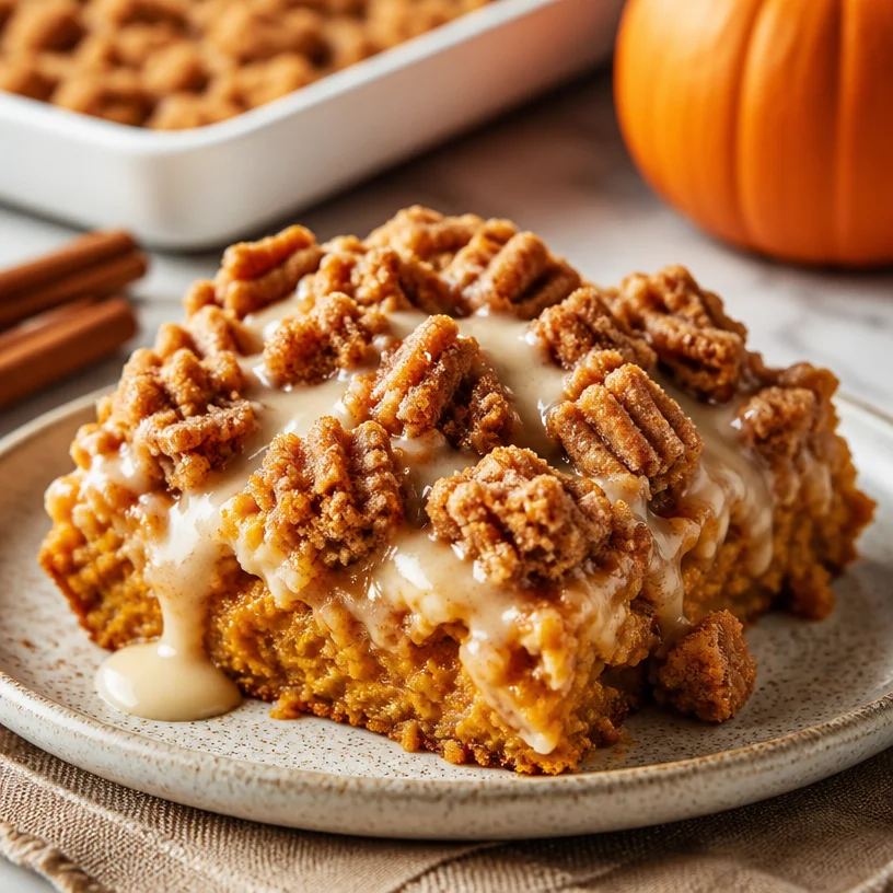Minute Pumpkin Churro Dump Cake in a pan with cinnamon topping
