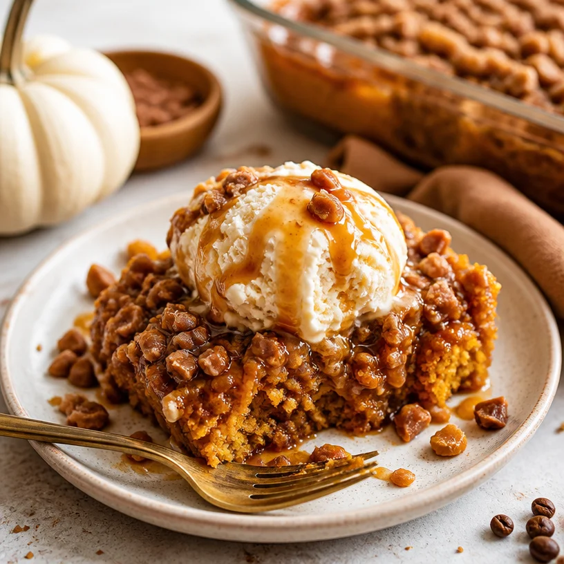 Minute Pumpkin Espresso Toffee Dump Cake topped with toffee bits and espresso flavors