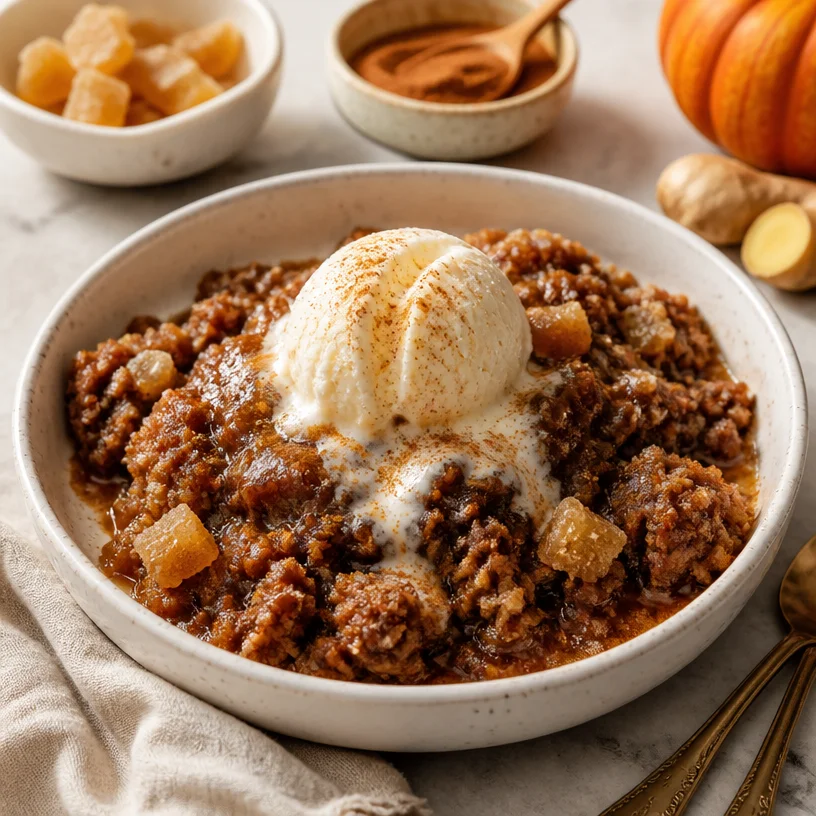 Pumpkin Gingerbread Dump Cake topped with whipped cream in a baking dish