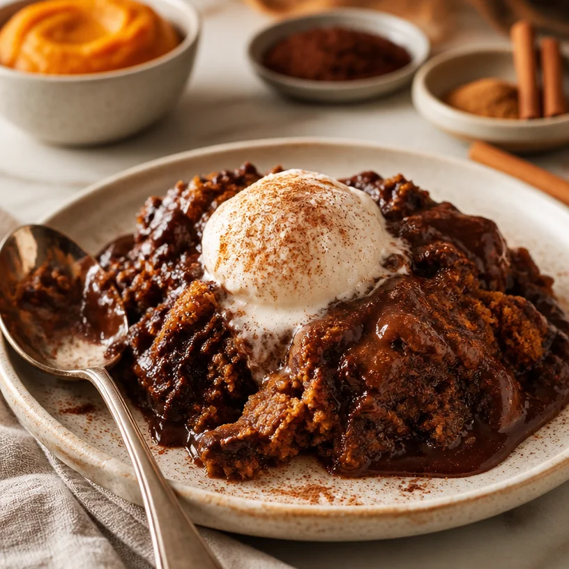 Delicious Minute Pumpkin Mexican Hot Chocolate Dump Cake in a one-pan recipe.