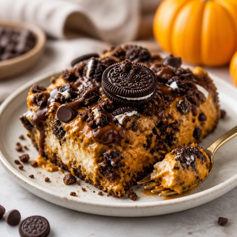 Delicious Minute Pumpkin Oreo Cheesecake Dump Cake for fall dessert