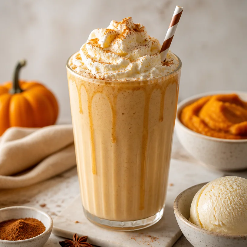Delicious minute pumpkin spice milkshake topped with whipped cream and spices