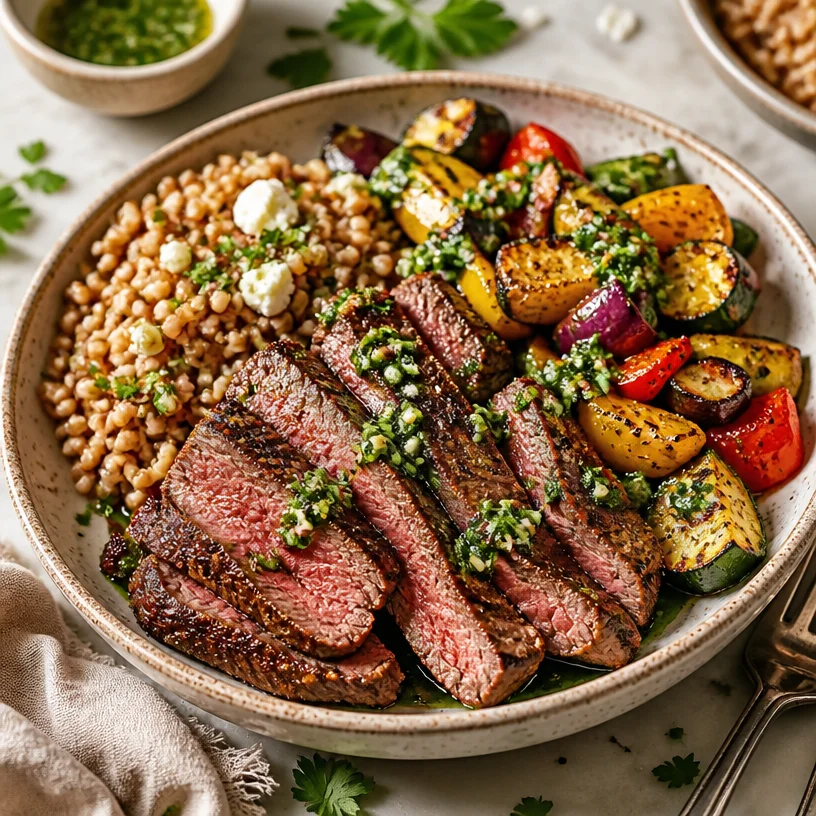Delicious Minute Steak Grain Bowl with fresh vegetables and grains