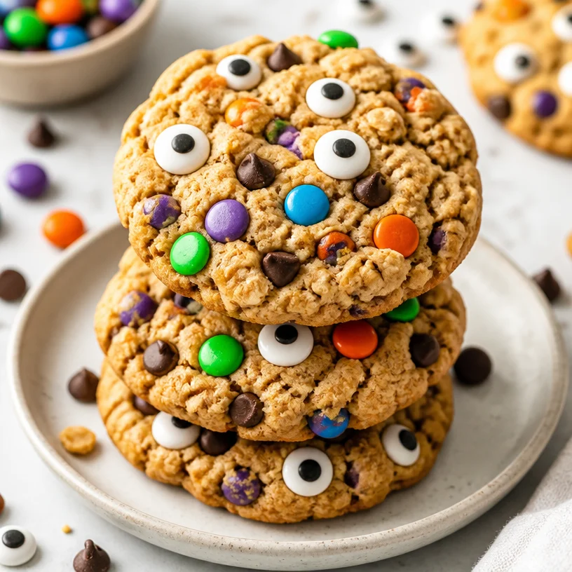 Delicious homemade Monster Cookies with chocolate chips and colorful candies.