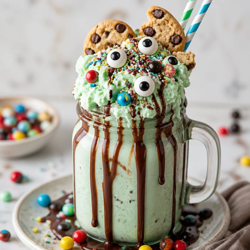 Delicious monster milkshakes with colorful toppings in giant glasses