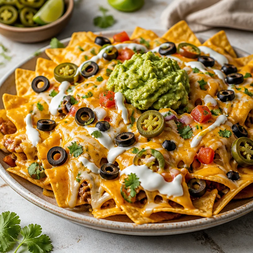Delicious monster nachos topped with various ingredients and served in a vibrant dish.