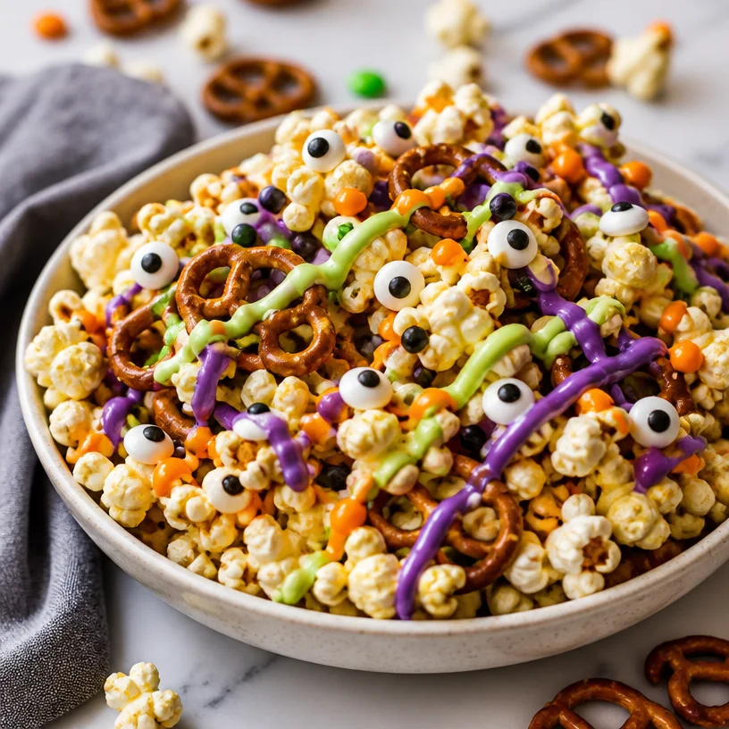 Colorful Monster Popcorn Mix with sweet and savory ingredients in a bowl.