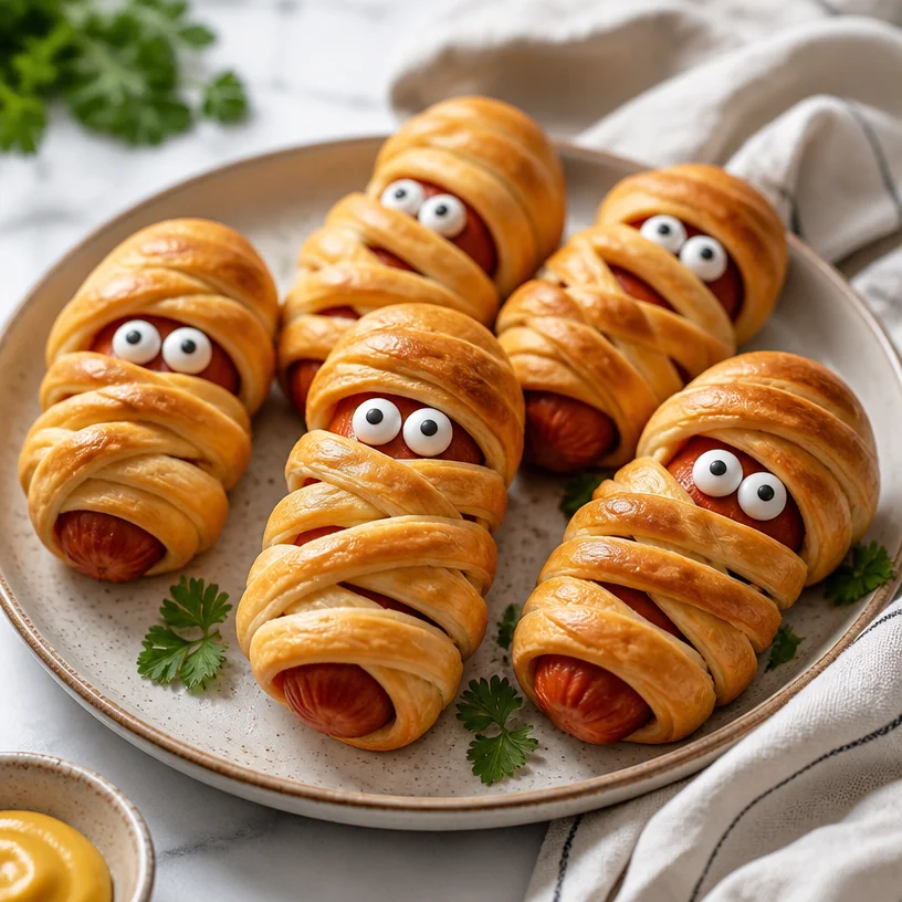 Delicious Mummy Hot Dogs wrapped in dough for a spooky Halloween treat