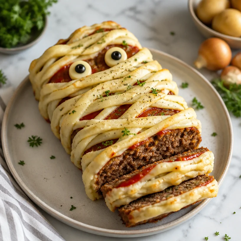Spooky Halloween Mummy Meatloaf served with eyes made of olives.