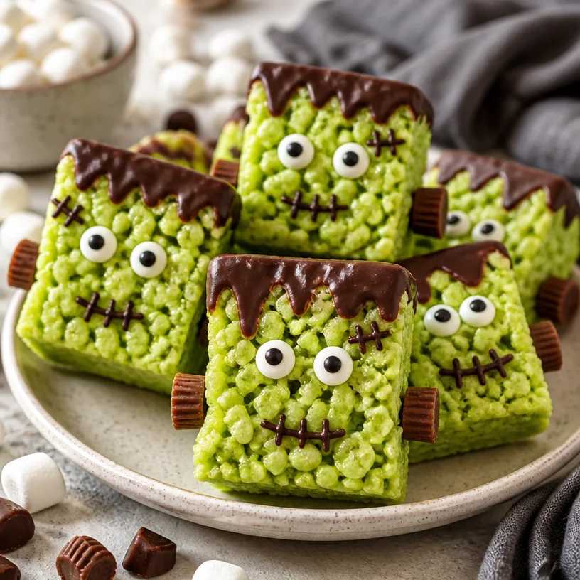 No-Bake Frankenstein Rice Krispie Treats decorated for Halloween