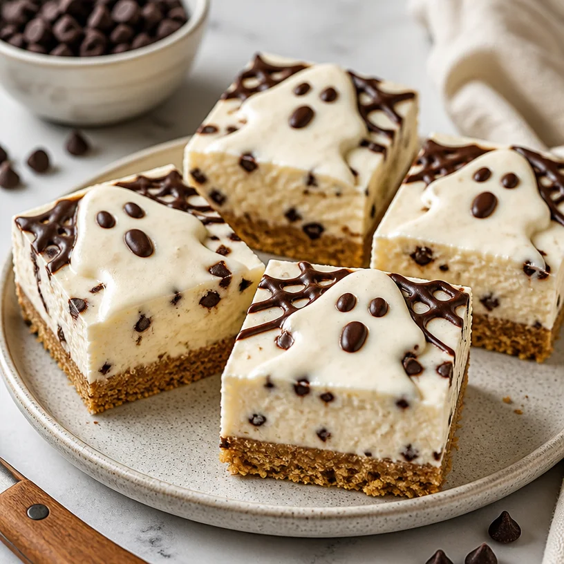 No-Bake Ghost Cheesecake Bars decorated for Halloween