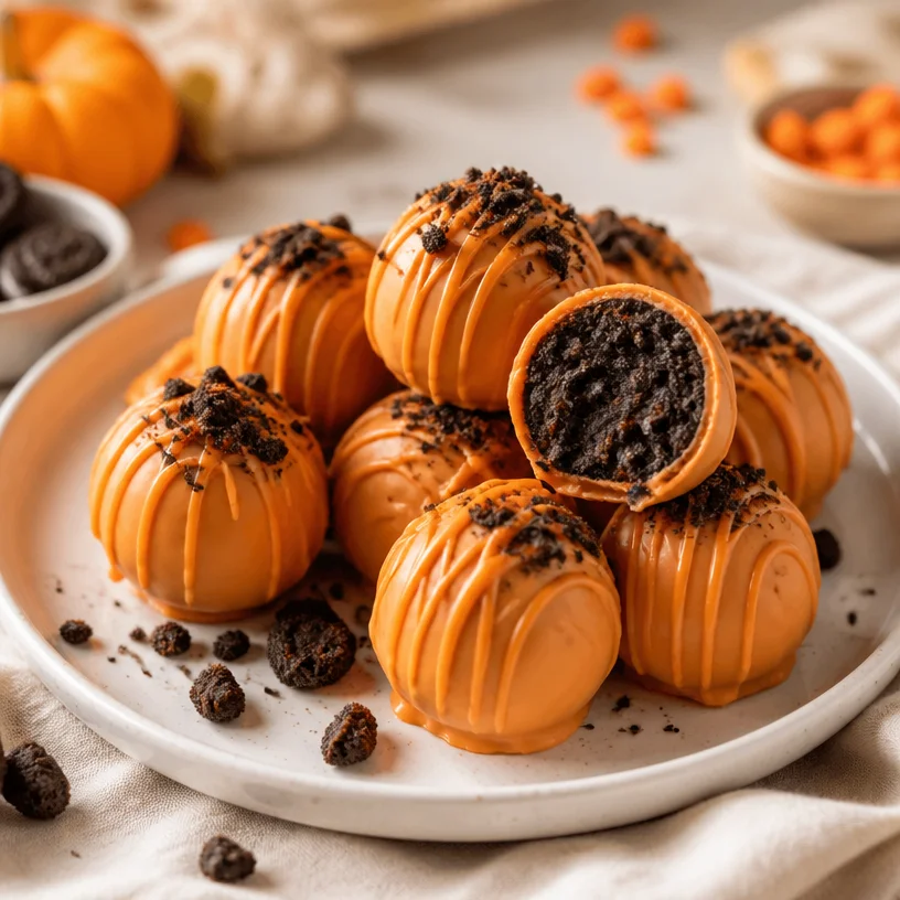 Delicious no-bake pumpkin Oreo truffles decorated on a festive plate.