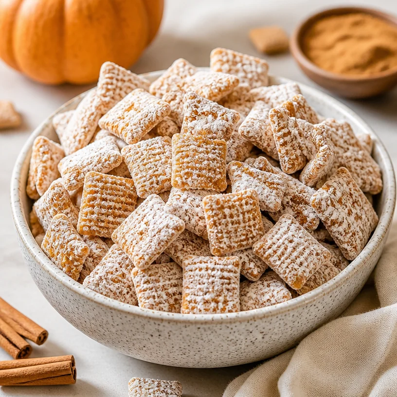 No-bake pumpkin spice puppy chow snack in a bowl with festive decorations.