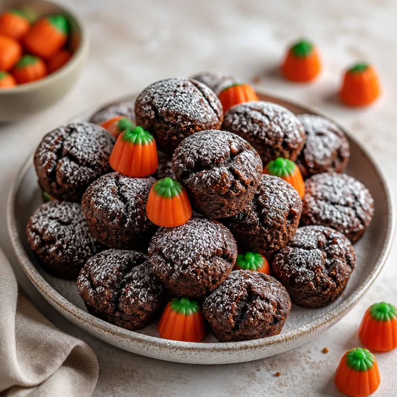 One-bowl fudgy pumpkin brownie bites on a plate